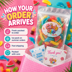How your Aryellys Candy Shop order arrives - fresh packed, summer ice pack, fast shipping, packed with care